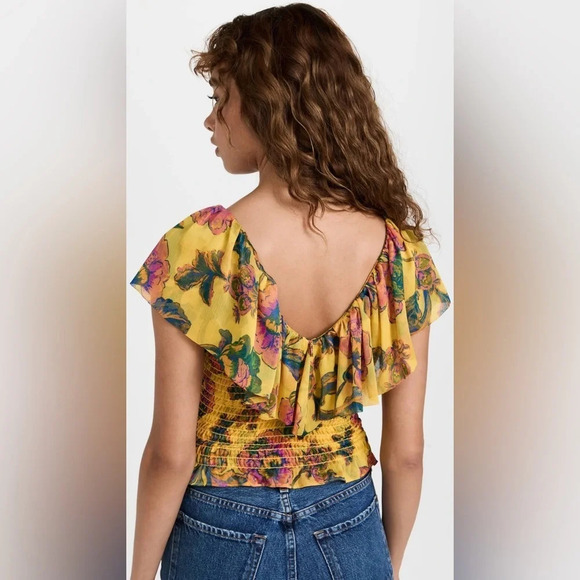 NWT MISA Los Angeles Cara Floral-Print Ruffle Smocked Top in Grand Canary Yellow - Picture 3 of 14